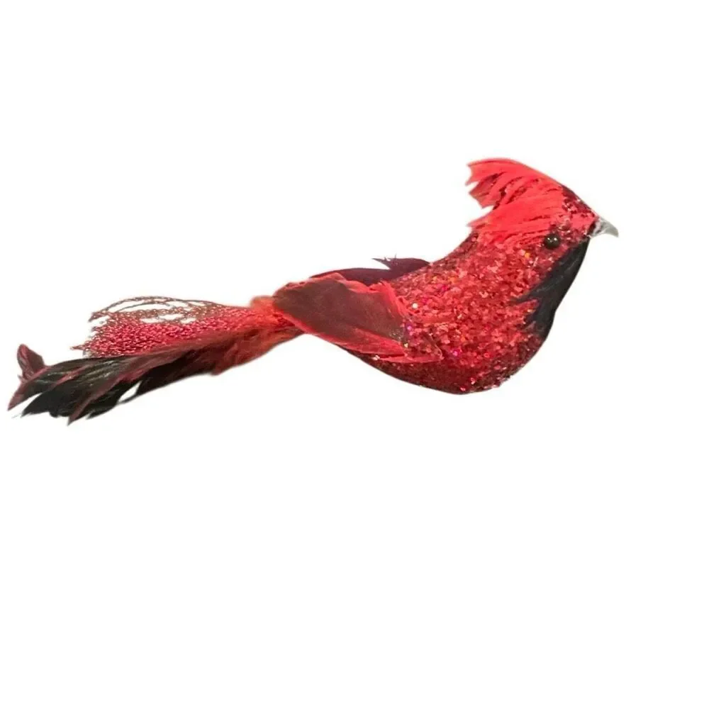 *NEW* 12 Beautiful red glitter clip on cardinal birds with feathers
